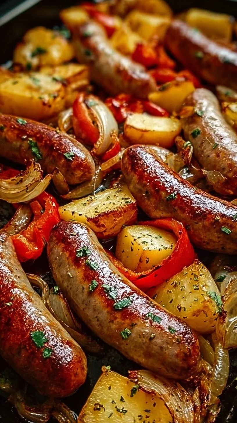 Savory roasted sausage dinner featuring peppers, onions, and crispy potatoes