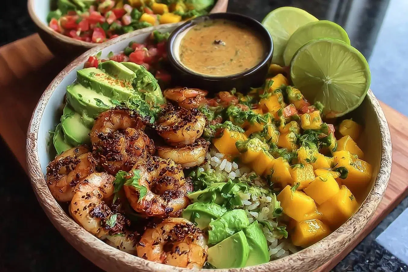 Shrimp avocado bowls with mango salsa and lime-chili sauce on a plate.