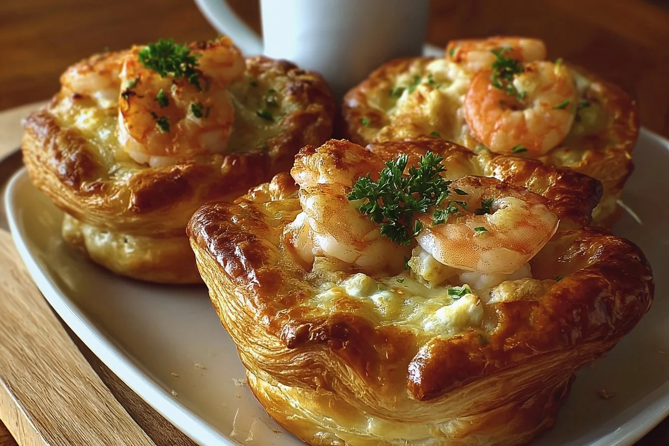Shrimp Crab Croissant Bomb Cups served on a plate with garnish.