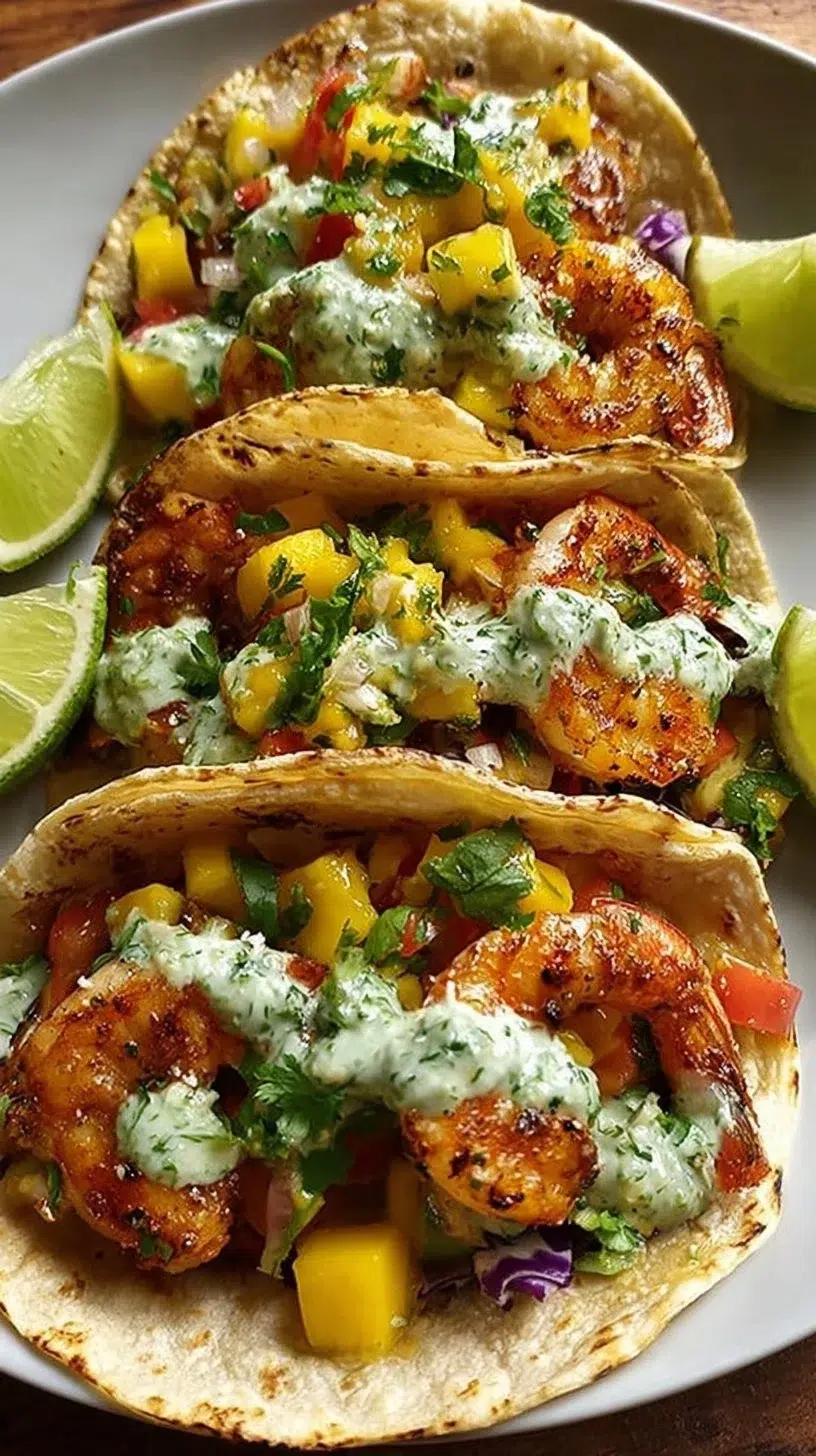 Shrimp tacos with mango salsa and creamy cilantro sauce served on a plate