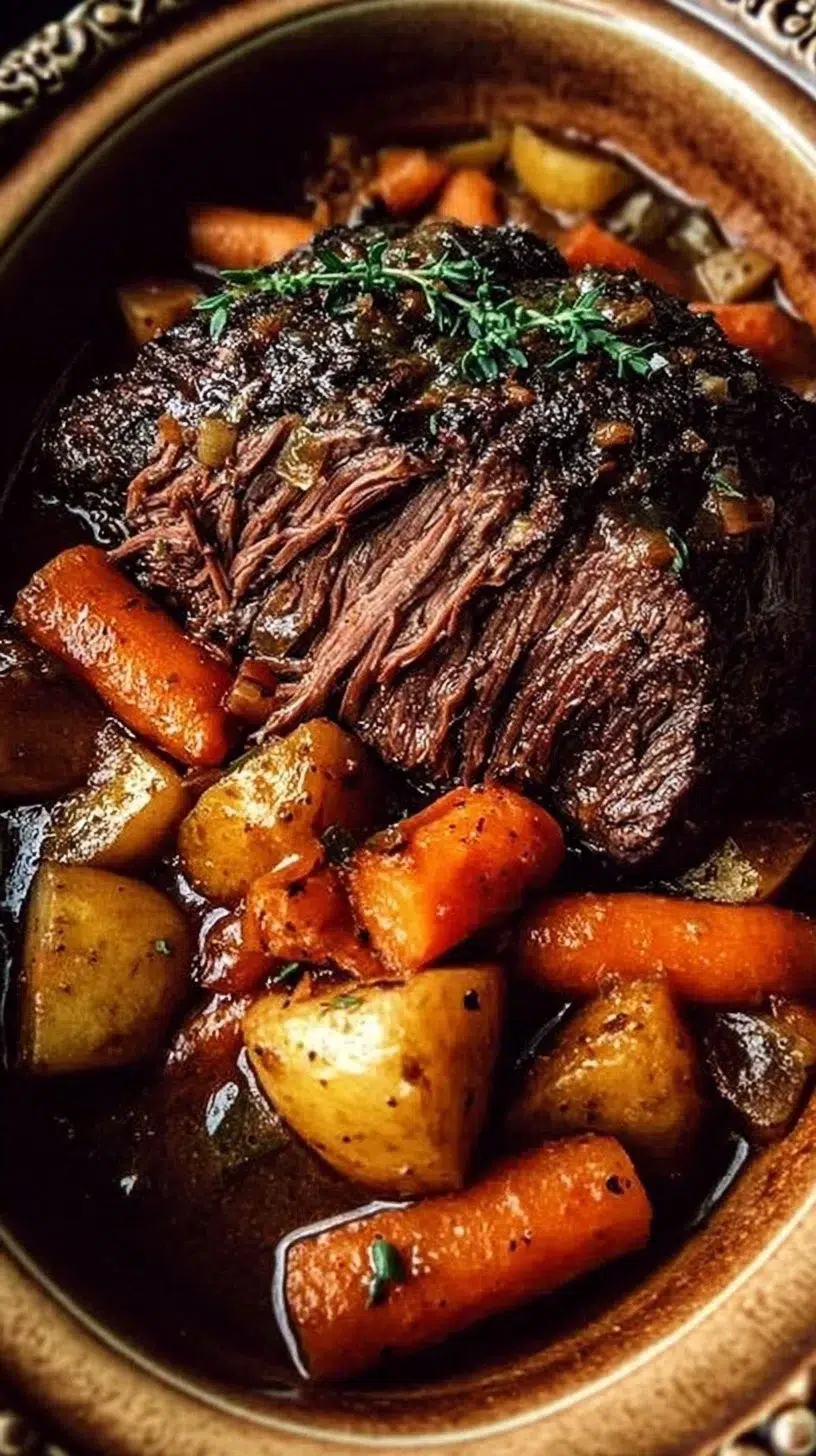 Delicious slow-cooked pot roast with fresh vegetables served in a rustic bowl.