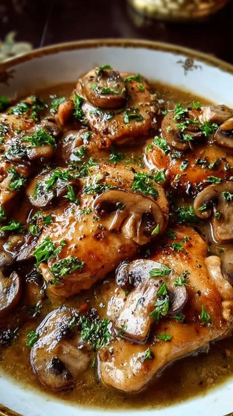 Slow Cooker Chicken Marsala served on a plate with mushrooms and wine sauce