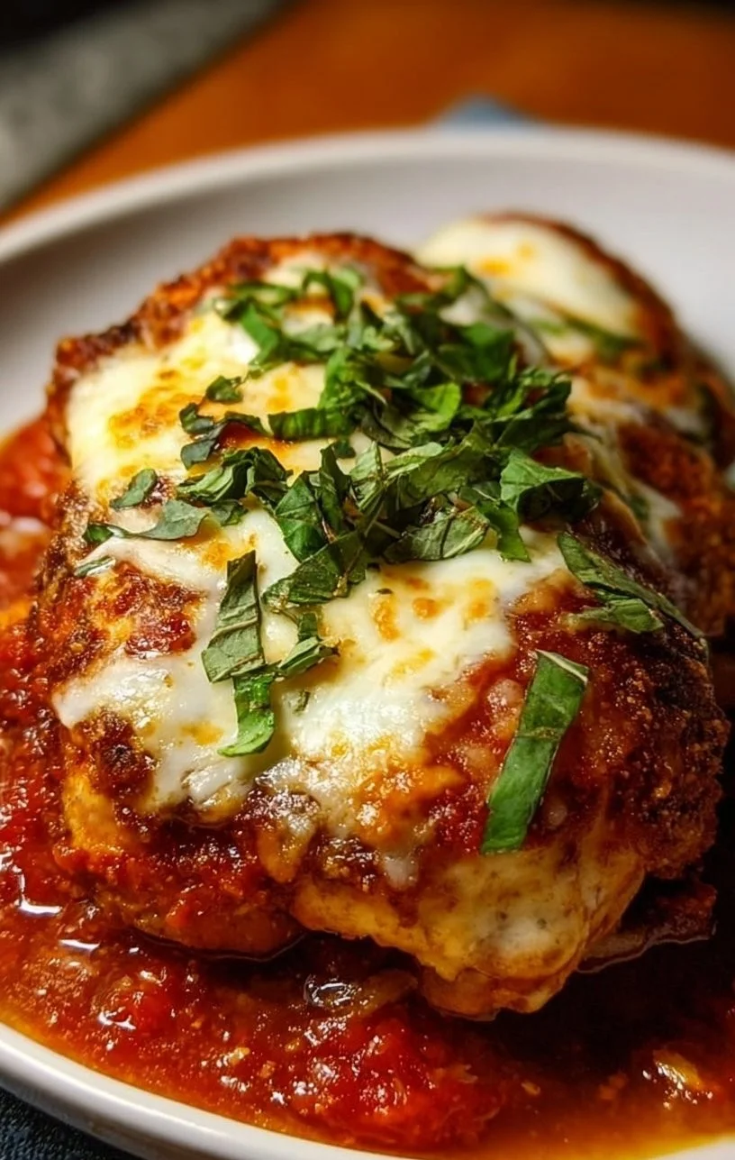 Delicious Slow Cooker Chicken Parmesan served with pasta and garnished with herbs.