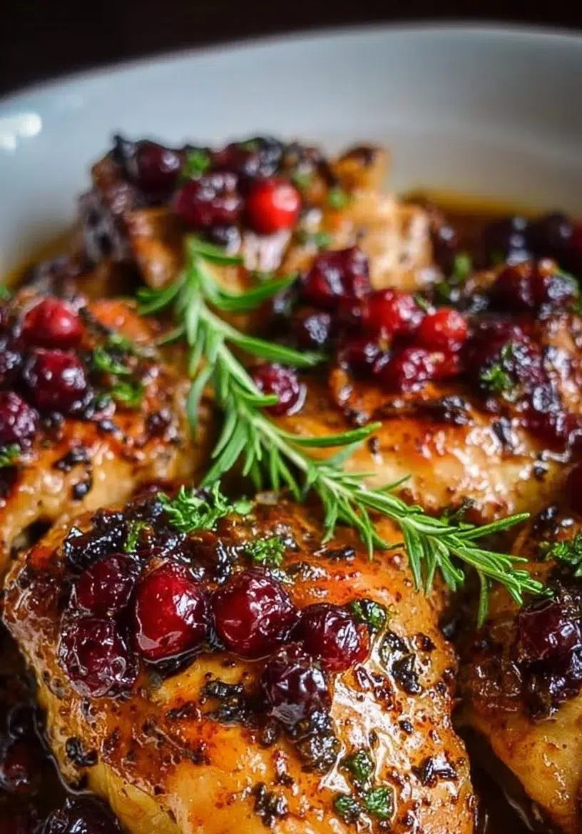 Slow cooker cranberry chicken being served on a plate with herbs and cranberries