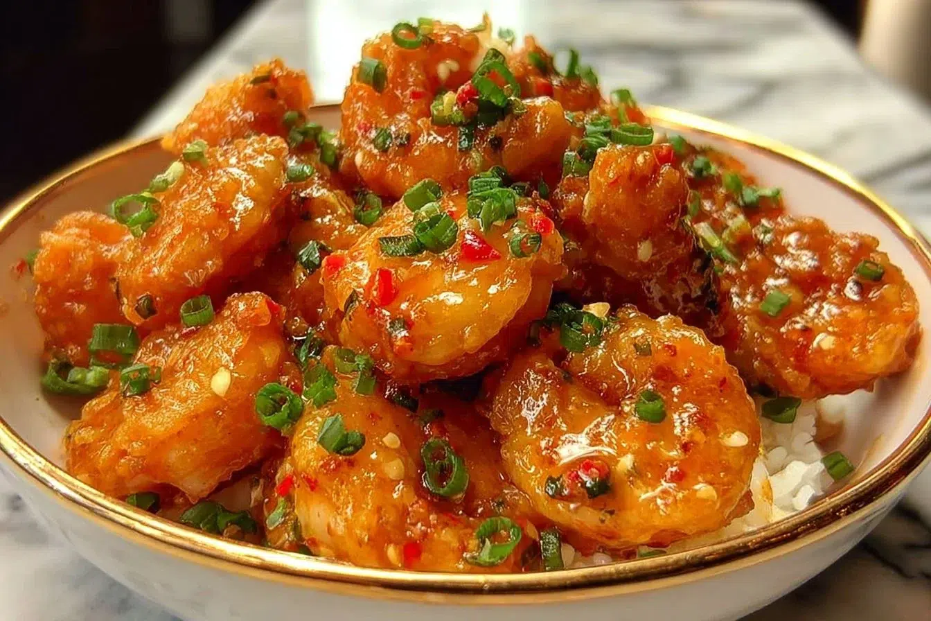 Delicious spicy bang bang shrimp served in a bowl with dipping sauce