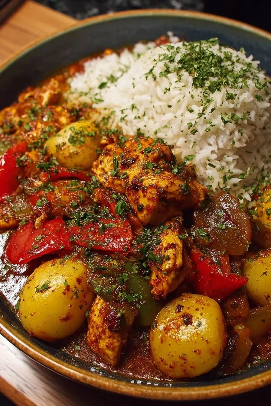 Bowl of spicy chicken and pepper stew with baby potatoes and herbed rice