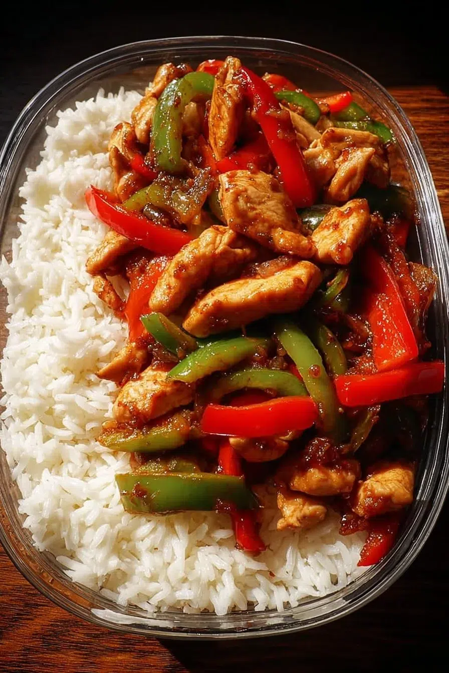 Spicy garlic chicken stir-fry with bell peppers and jasmine rice served in a bowl.