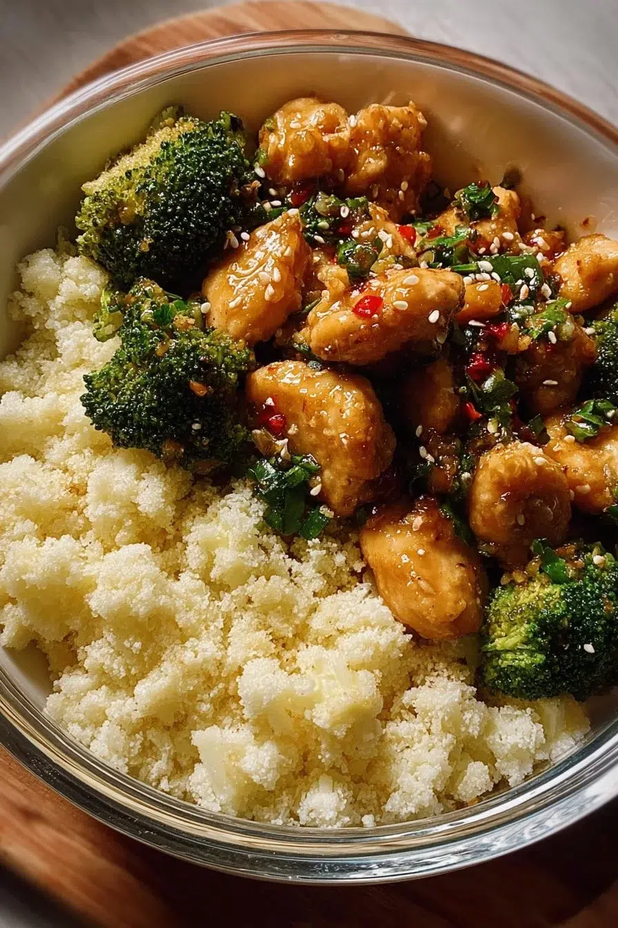 Dish of spicy garlic chicken served with broccoli and cauliflower rice