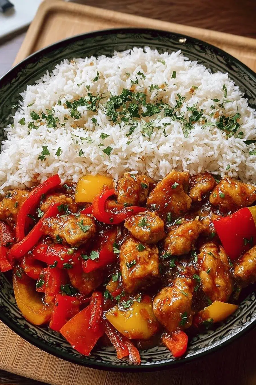 Plate of Sticky Sweet & Sour Chicken with Bell Peppers and Rice