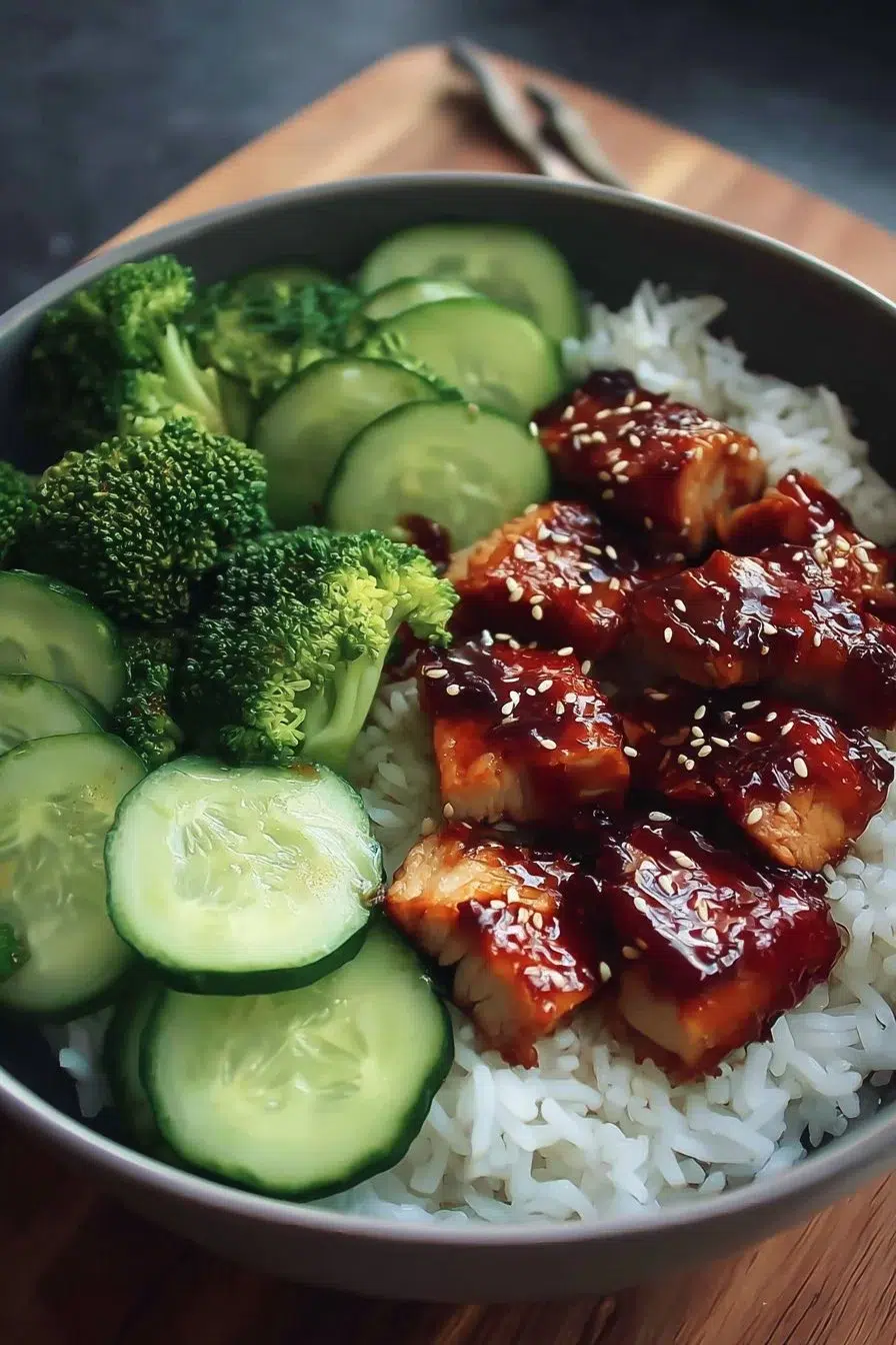 Sticky Teriyaki Chicken Rice Bowl garnished with broccoli and cucumber