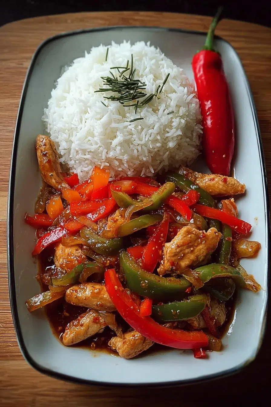 Delicious sweet and spicy chicken stir-fry with colorful peppers and steamed rice.