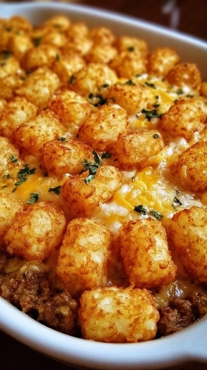 Delicious Tater Tot Casserole served in a baking dish