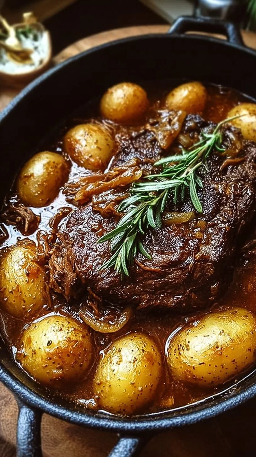 Tender apple cider beef roast served with potatoes, ideal for hearty meals.