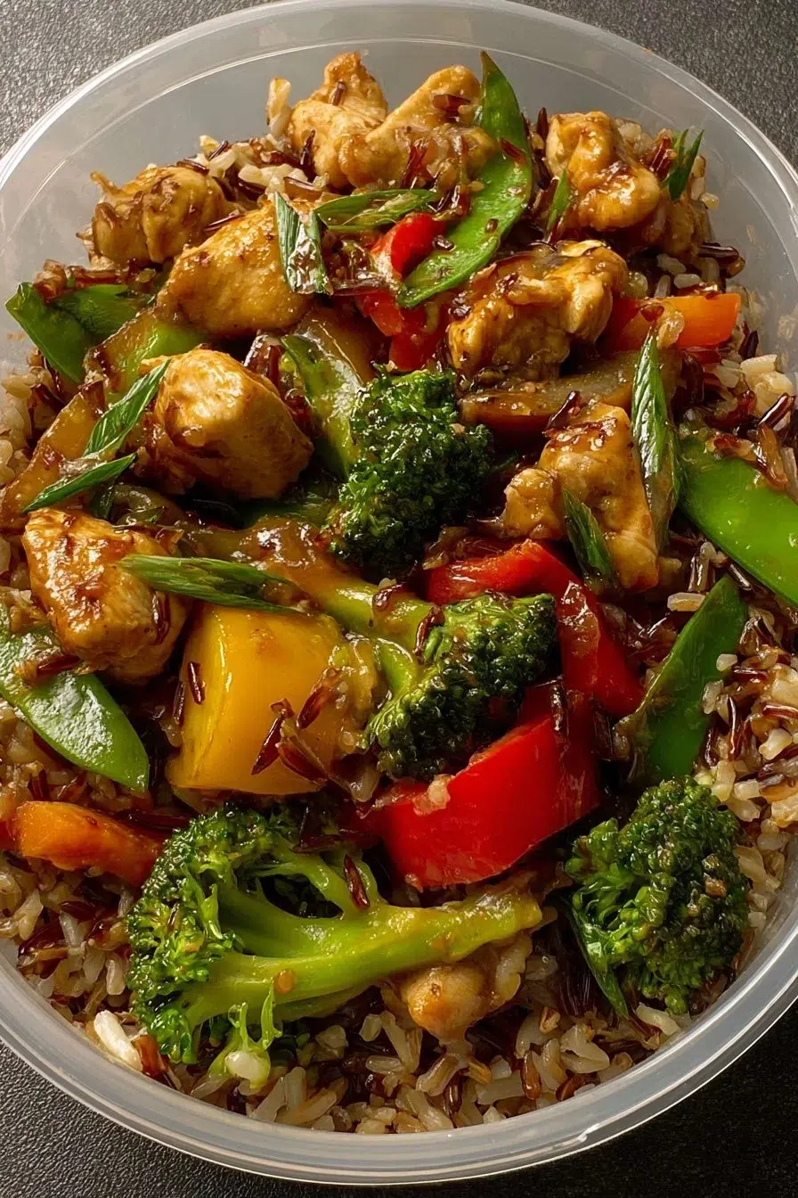 Ultimate chicken stir-fry with fresh vegetables and wild rice in a skillet