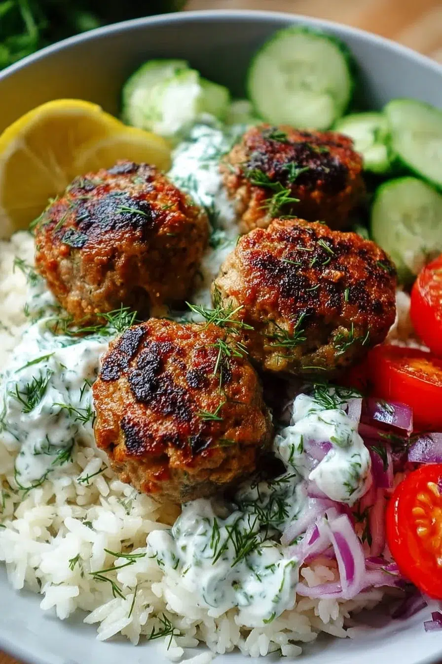 Ultimate Greek Meatball Rice Bowl garnished with fresh toppings and tzatziki sauce