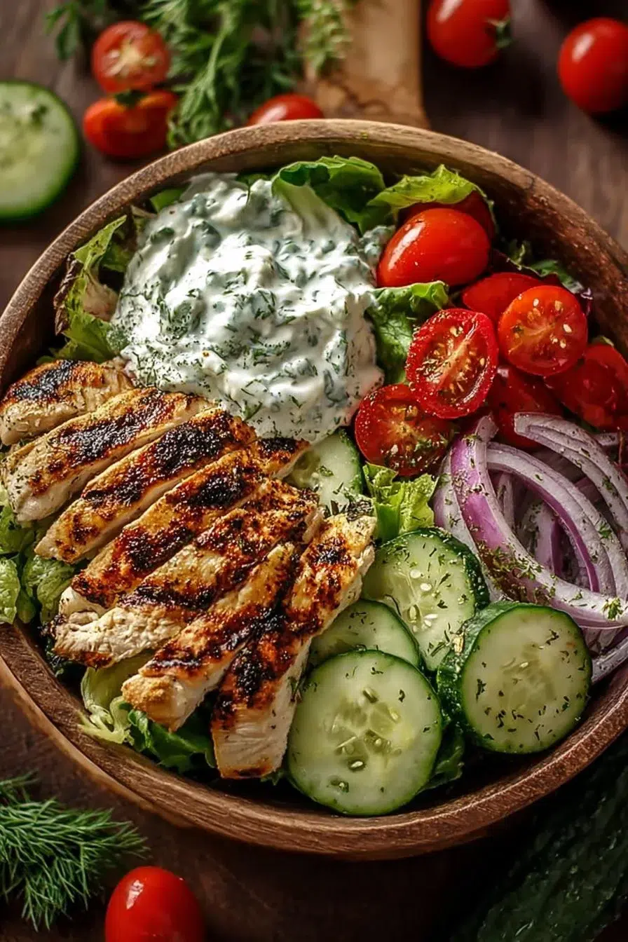 Delicious grilled chicken salad bowl topped with tzatziki sauce and fresh vegetables