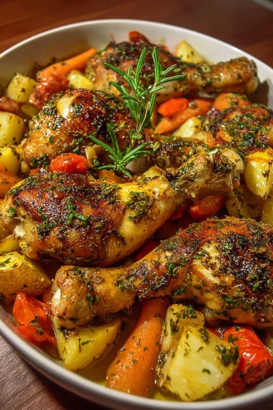 Herb-roasted chicken drumsticks served with colorful roasted vegetables