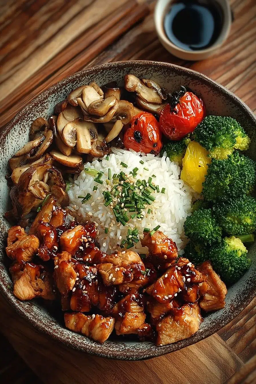 Ultimate Teriyaki Chicken Bowl topped with green onions and sesame seeds