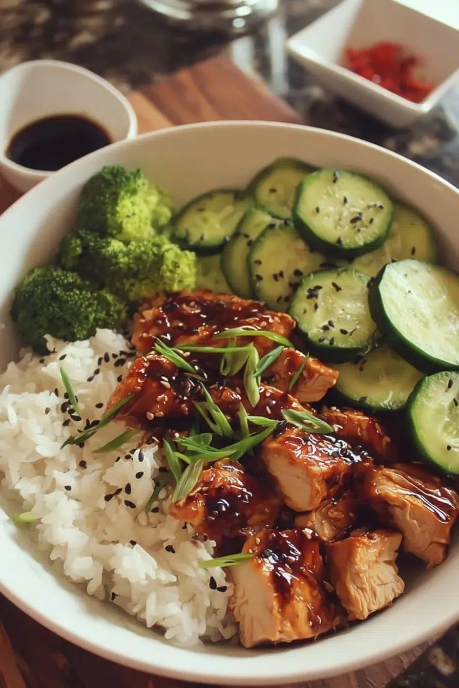 Delicious Ultimate Teriyaki Chicken Rice Bowl served in a bowl with fresh ingredients