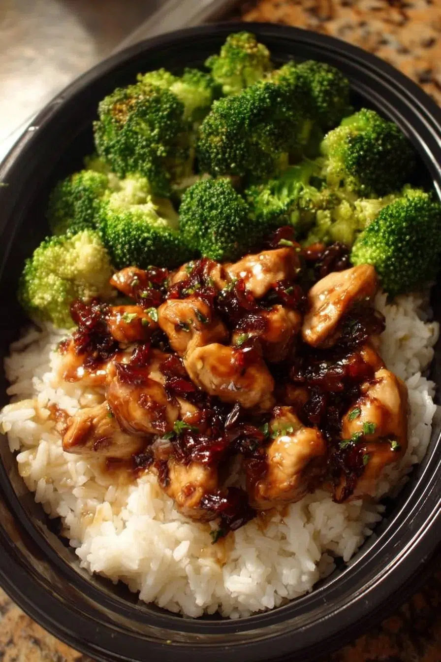Delicious teriyaki chicken rice bowl with broccoli on a plate