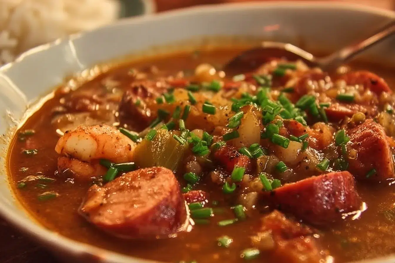 Bowl of authentic Cajun sausage and chicken gumbo garnished with green onions