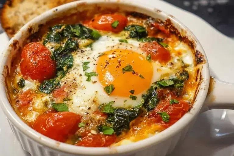Delicious baked feta eggs with tomatoes and spinach served in a dish