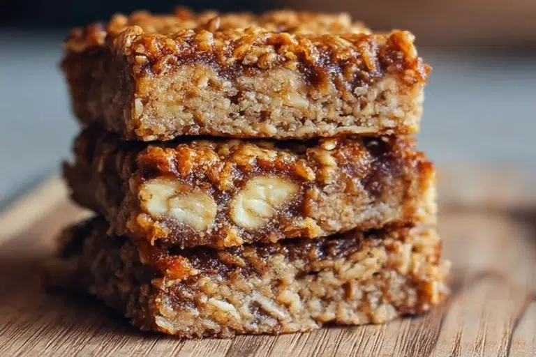 Homemade banana oatmeal bars topped with nuts and banana slices