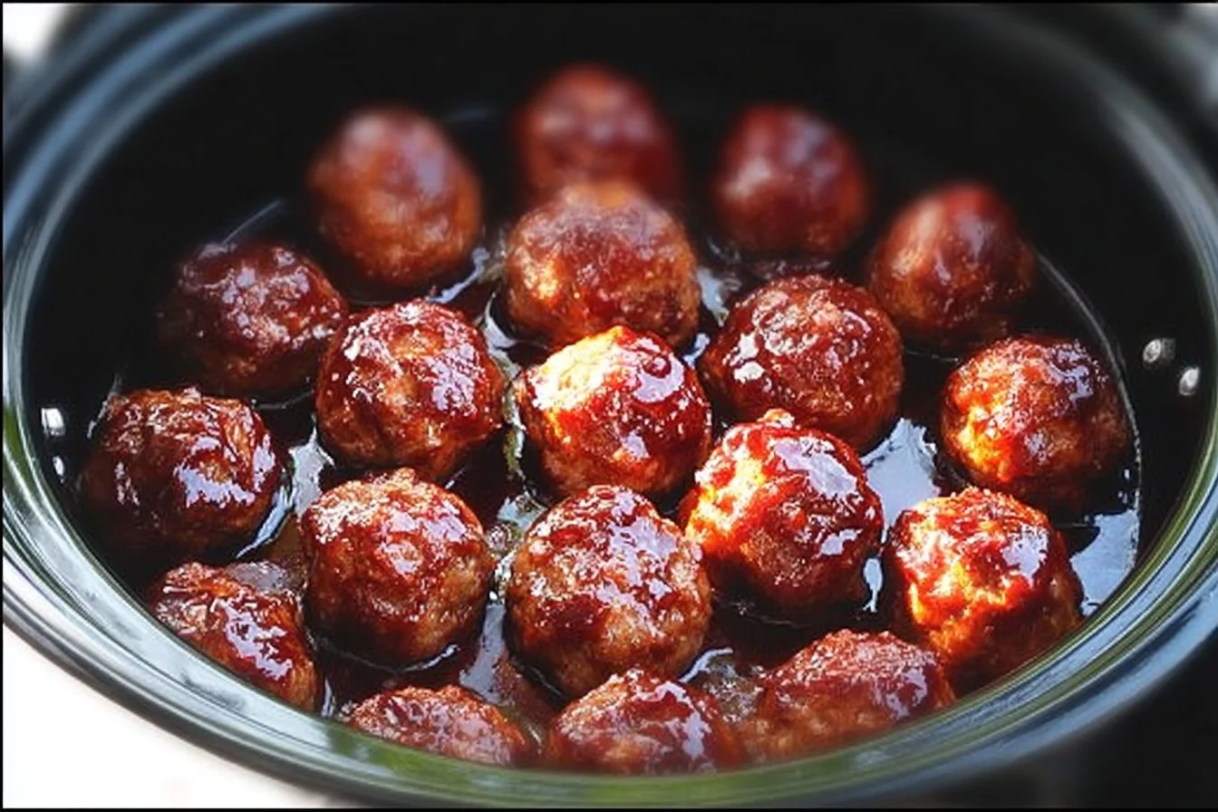 Plate of BBQ Meatballs glazed with barbecue sauce and garnished with parsley.
