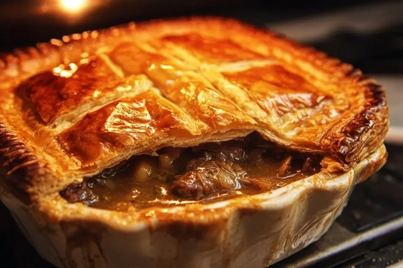 Delicious Irish Steak Pie with tender beef and flaky pastry