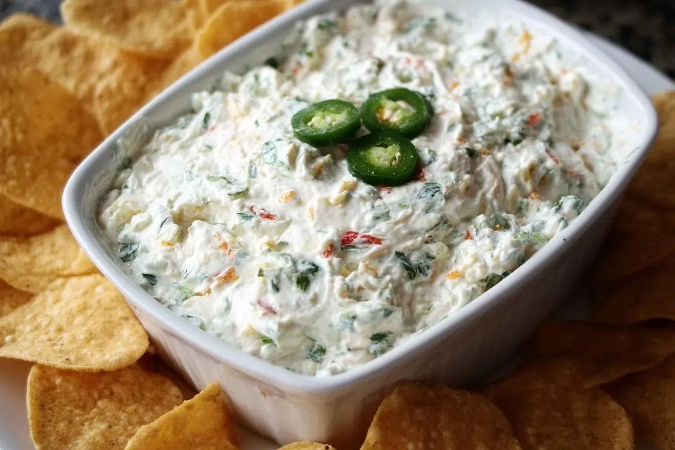 Bowl of the best jalapeno dip with chips on the side