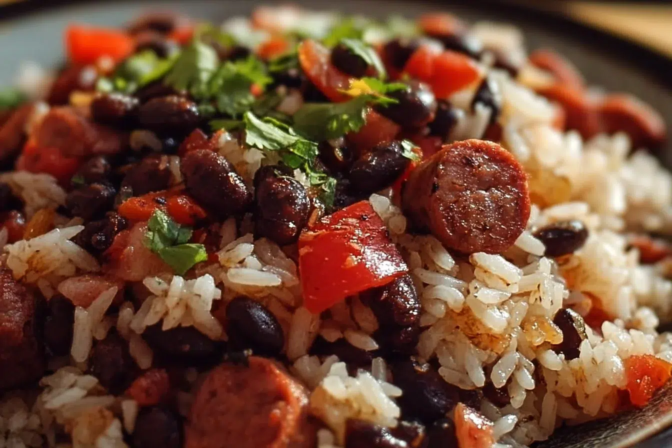 Delicious black beans and rice with sausage served on a plate.