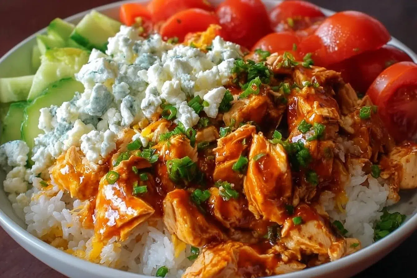 Delicious Buffalo Chicken Bowl with toppings and a side of ranch dressing.