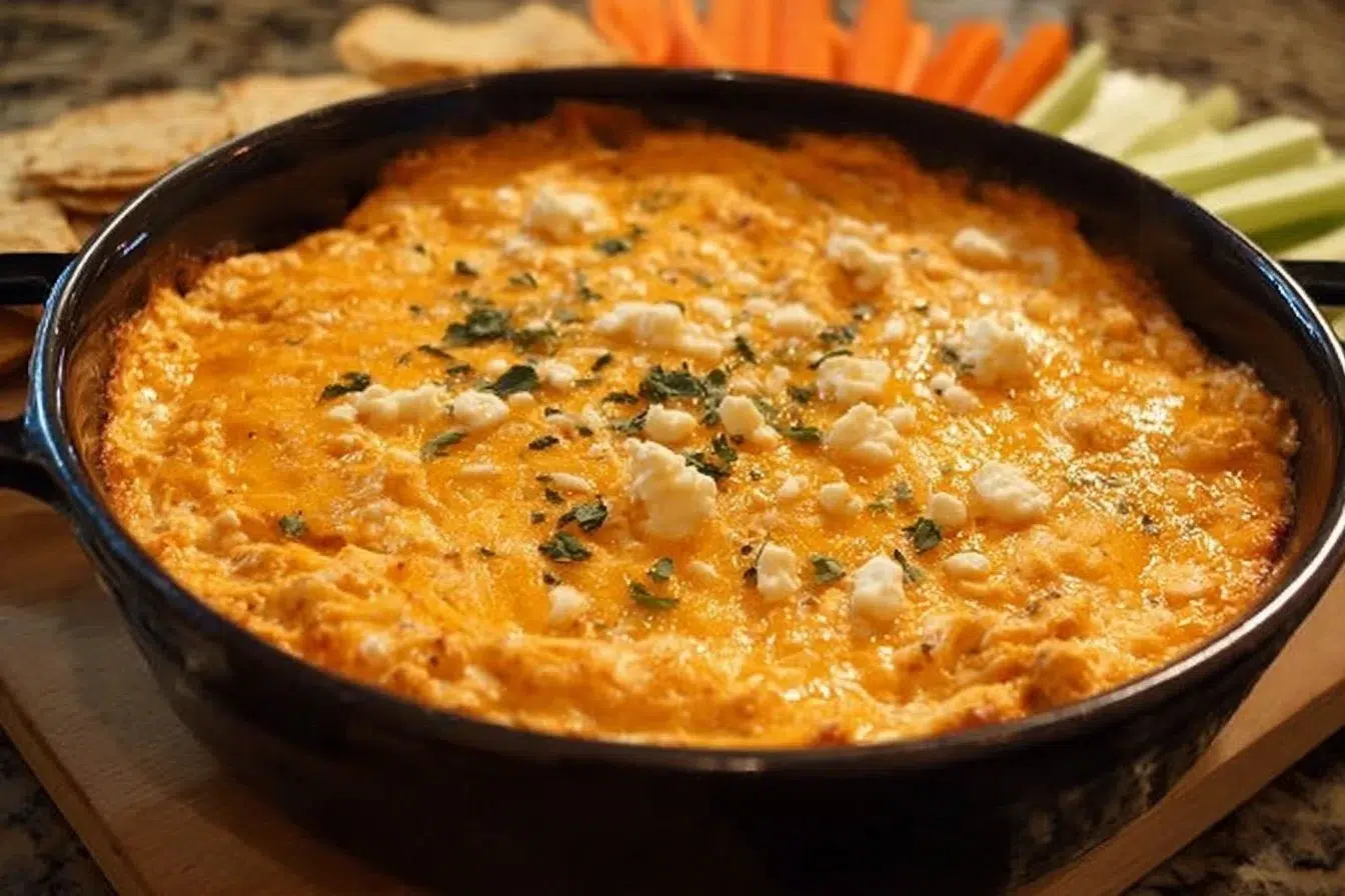 Delicious Buffalo Chicken Dip served in a bowl with tortilla chips