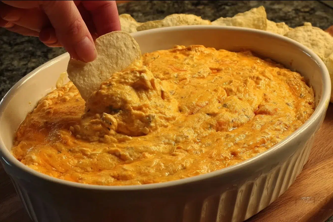 Delicious Buffalo Chicken Dip served in a bowl with crispy tortilla chips