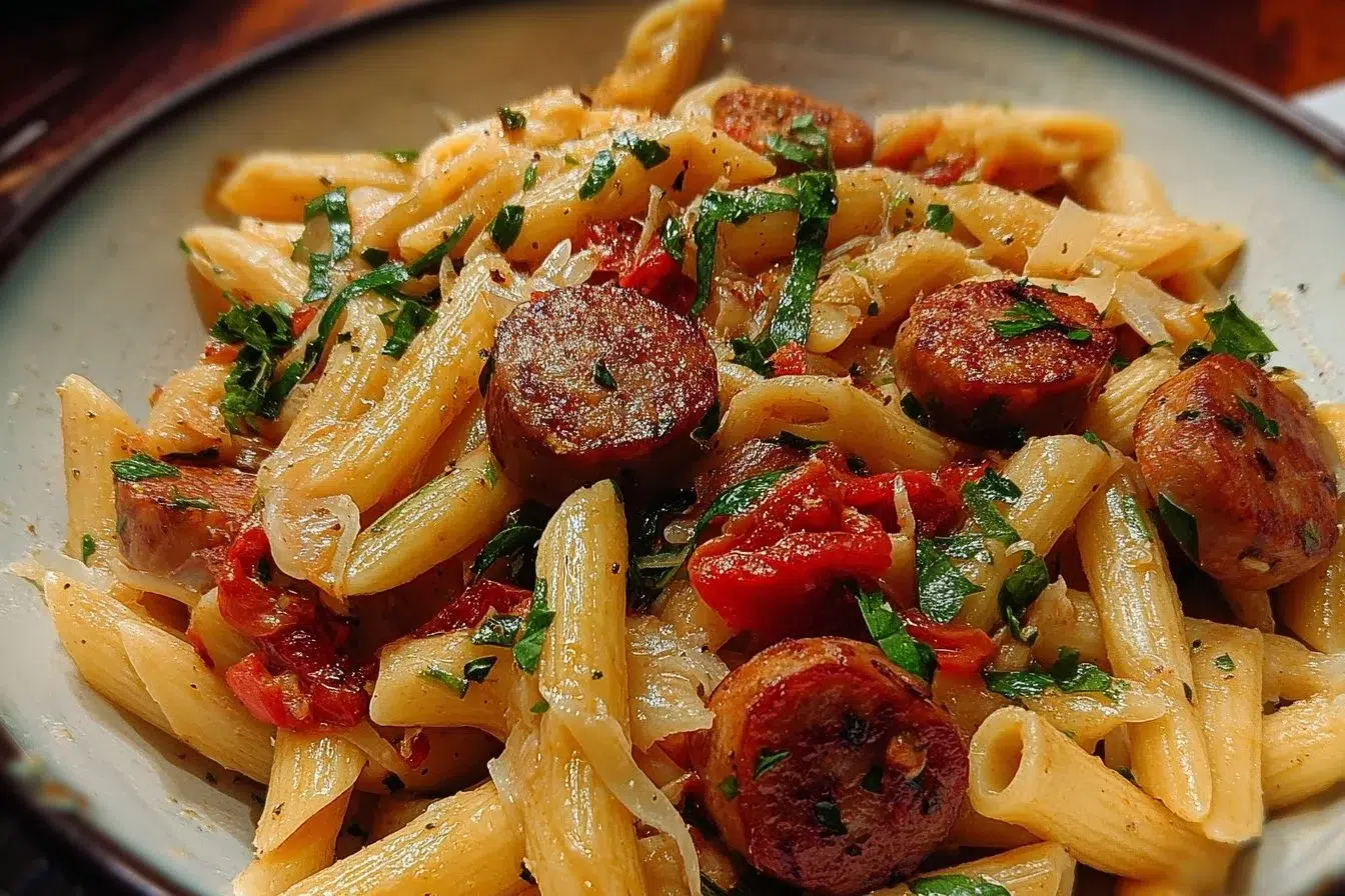 Delicious Cajun Sausage Pasta with colorful vegetables and spices.