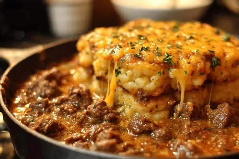 Delicious Cattle Drive Casserole with ingredients layered in a skillet.