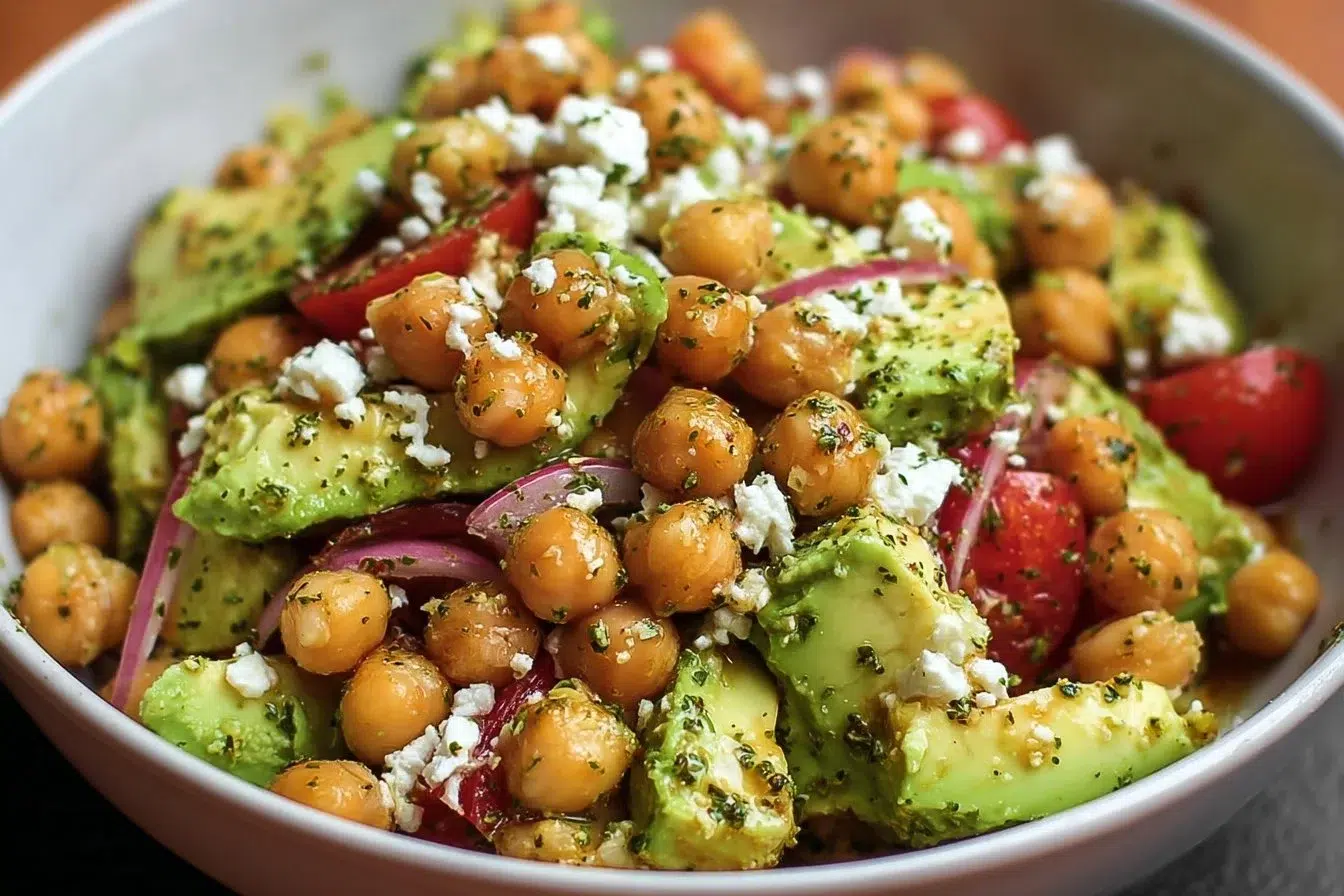 Delicious Chickpea Feta Avocado Salad in a vibrant bowl