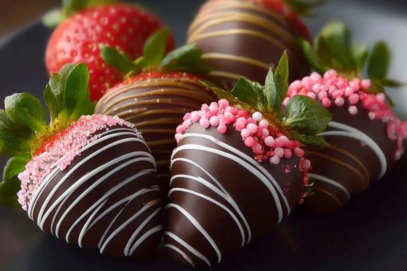 Plate of chocolate covered strawberries with drizzled chocolate