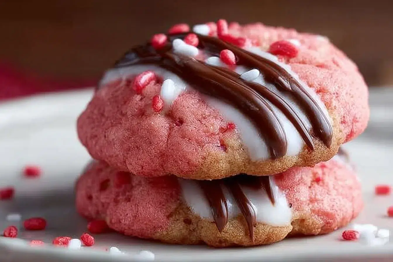 Freshly baked chocolate dipped strawberry cookies stacked on a plate.