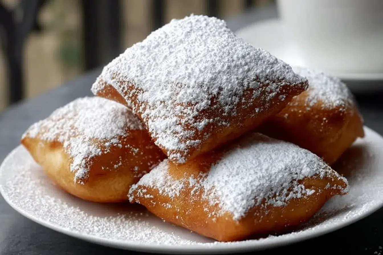 Delicious classic New Orleans beignets dusted with powdered sugar.