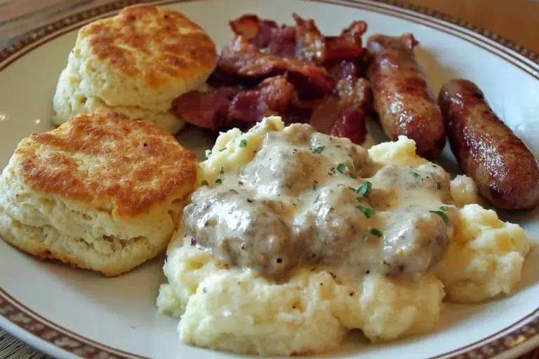 A delicious plate of classic Southern biscuits and sausage gravy served for breakfast.
