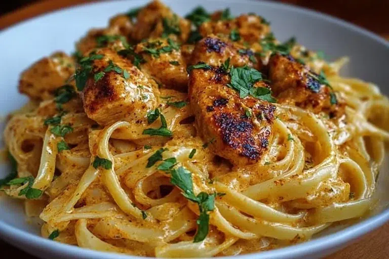 Cowboy Butter Chicken Linguine served in a bowl with fresh herbs