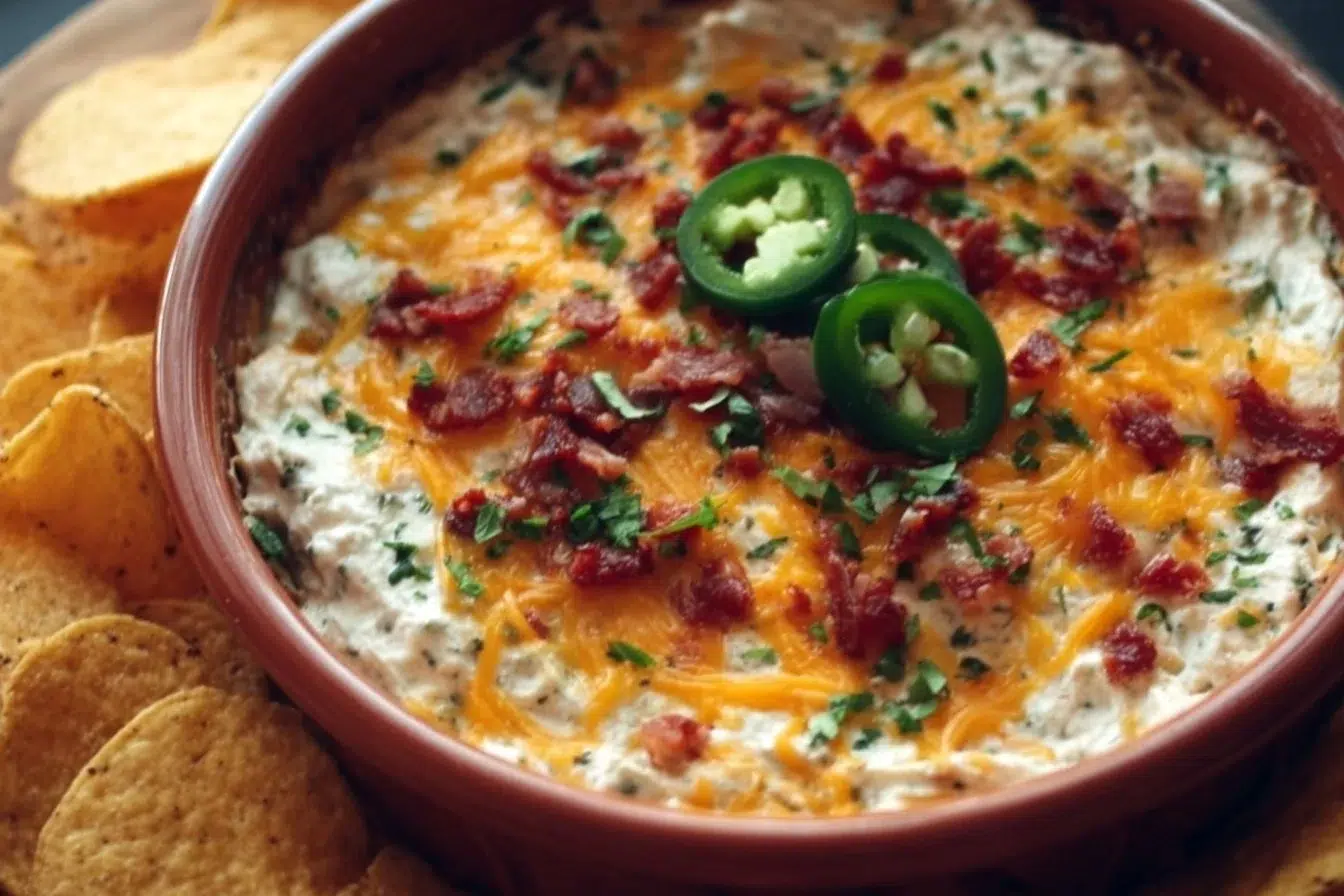 Delicious Cowboy Crack Dip served in a bowl with tortilla chips