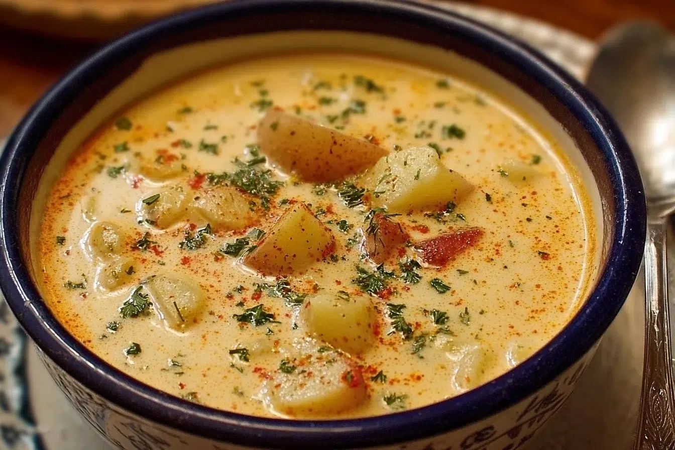 A bowl of creamy Cajun potato soup garnished with parsley.