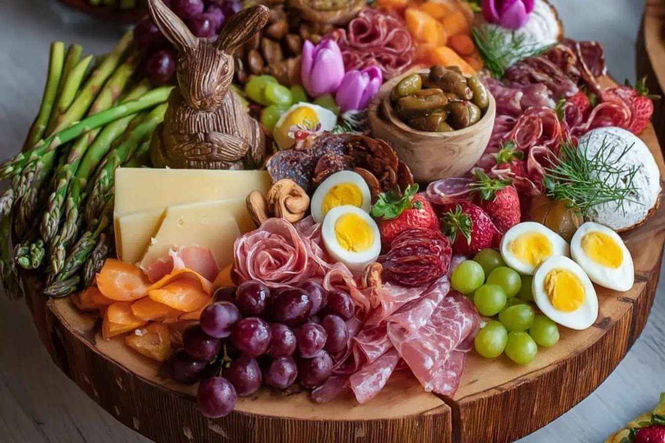 Creative Easter charcuterie board with colorful eggs and seasonal treats