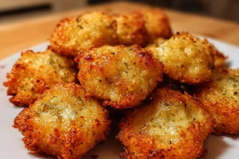 Delicious crispy pickle cheese bites served as a tasty snack.