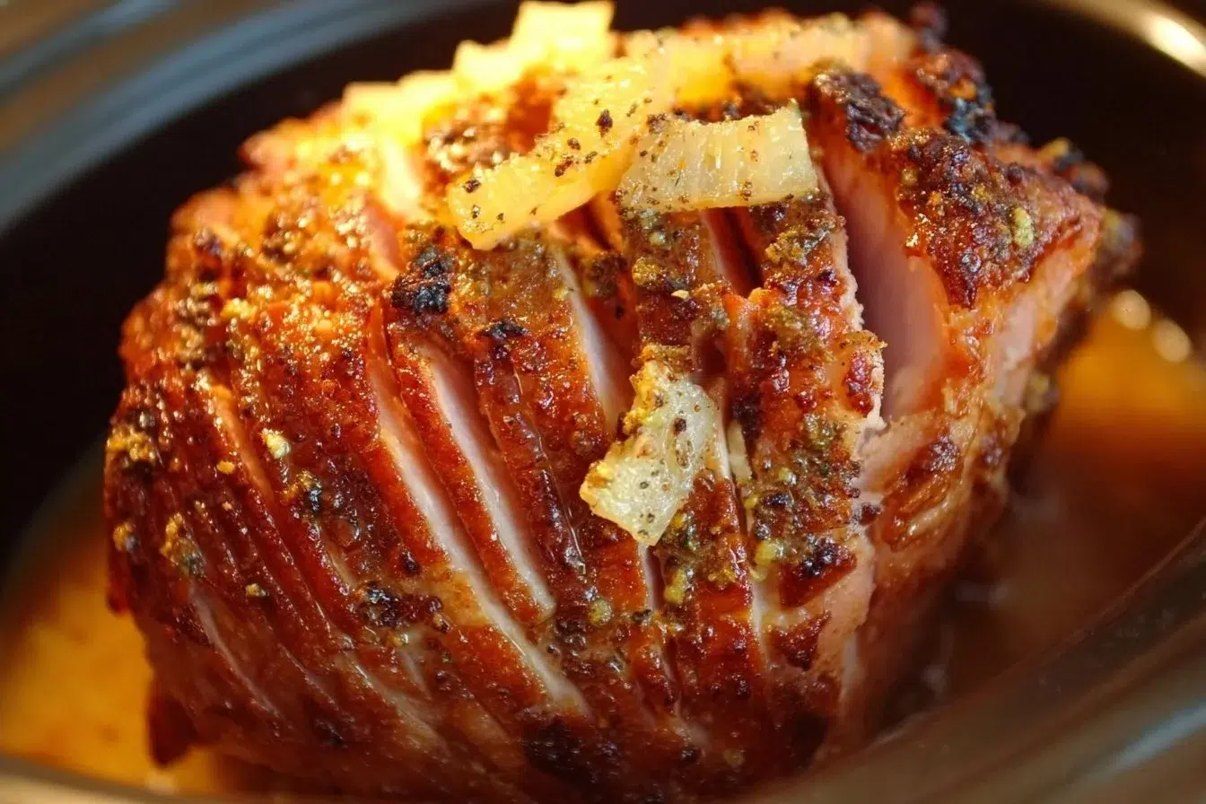 Delicious Crock Pot Easter Ham ready to serve on a festive table