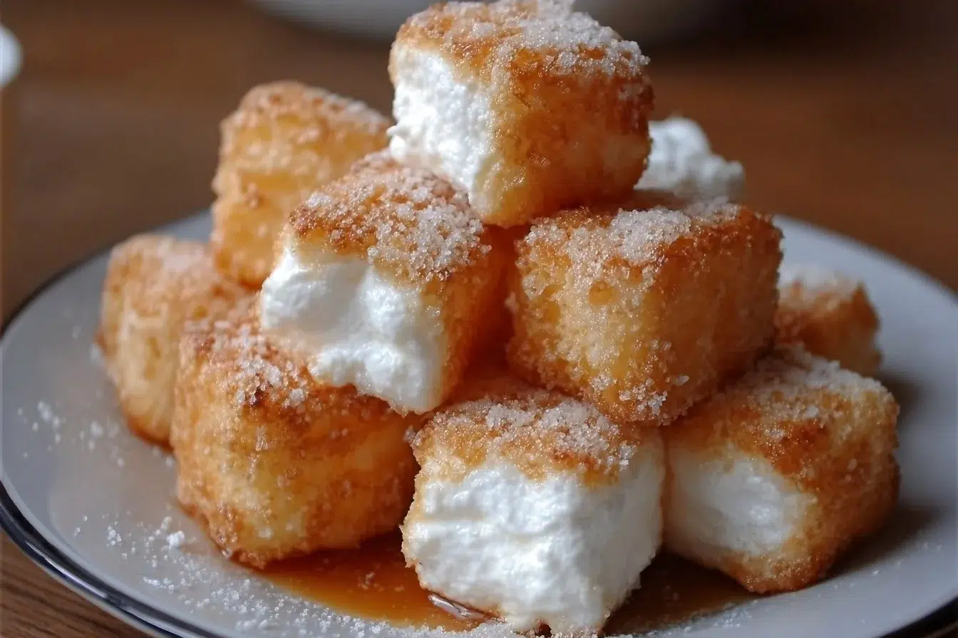 Plate of crispy deep fried marshmallows with chocolate sauce