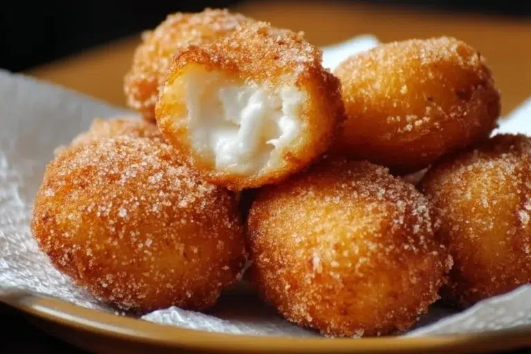 Deep fried sweet marshmallows served on a plate, a delicious dessert treat.