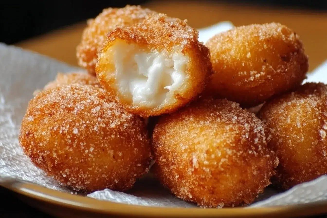 Deep fried sweet marshmallows served on a plate, a delicious dessert treat.